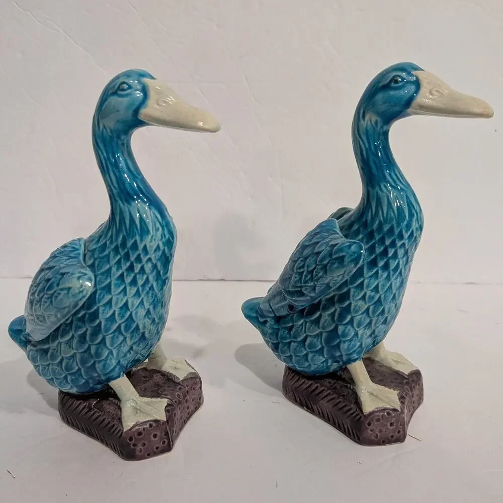 Vintage Turquoise Blue Glazed Ceramic Duck Figurines Pair Japan Chinoiserie